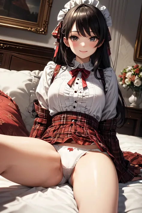 very cute and beautiful girl,(highly detailed beautiful face),(smile),blush,looking at viewer,
(white blouse with detailed frills),long sleeve BREAK sitting on white bed sheet,(spread legs,white panties),
hair ribbon,black hair,(scarlet plaid mini skirt)
 ...