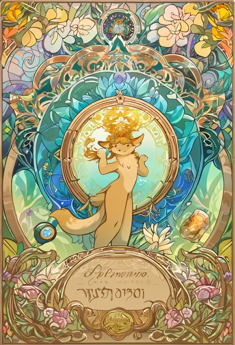 cover page, Perfume poster, kaleidoscope, rzminjourney, vector-art, High-quality illustrations by Alfons Mucha, masterpiece(kemono, furry anthro)logo mark, round, colorful flower,