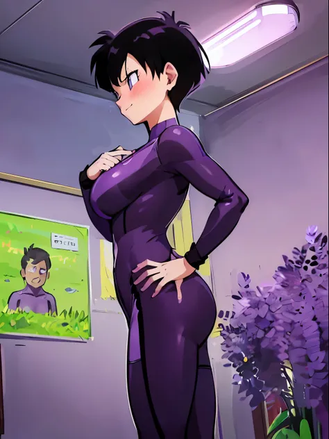 videl,1 girl,Alone,black hair,blue eyes,((bright purple tight suit,:1.5)),barefoot,big breasts,smile,blush,Research room,bare hands,Highest image quality,highest quality,Standing,back view,butt,buttを視聴者に見せる