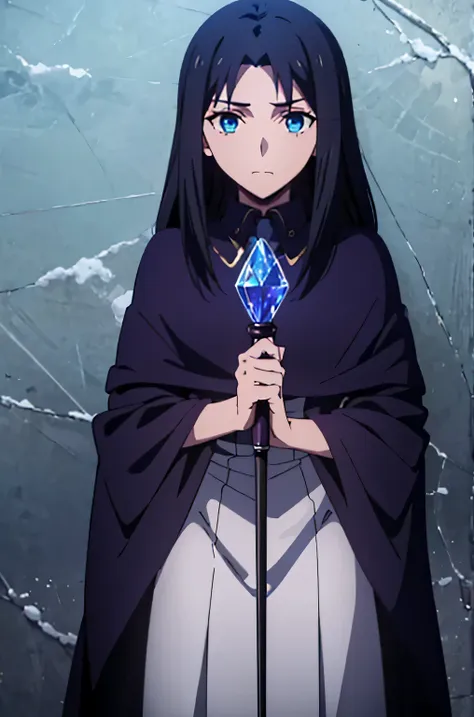 woman, young, 19 years old, long black hair, skin as white as snow, cold gaze, Crystal Blue Eyes, black clothes, wears a red cloak with a loose hood, with crystal sword in hand,with blue lights background.