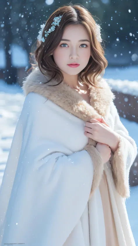 (highest quality, 8k, 32K，details are very clear),realistic, High resolution, 1 Japanese women, alone, (lolita costume)，luxurious costume，facing the audience，(Upper body，upper limbs)， beautiful eyes, brown hair, ring-shaped eyes, (outside，heavy snowfall，th...