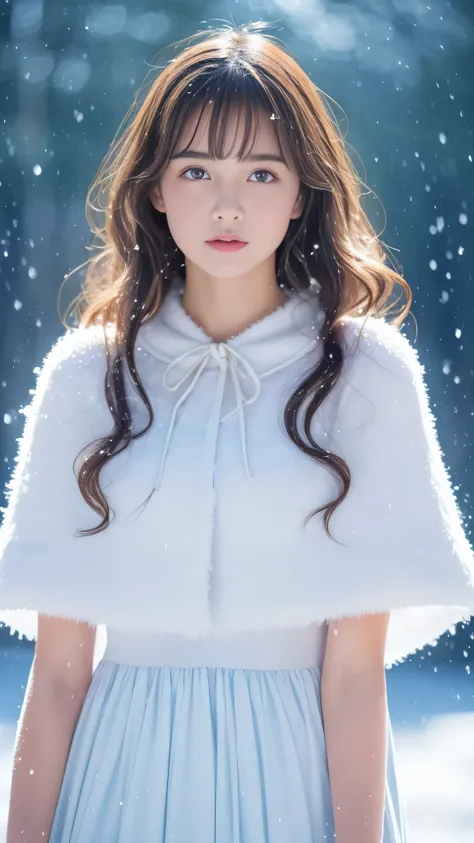 (highest quality, 8k, 32K，details are very clear),realistic, High resolution, 1 Japanese women, alone, (lolita costume)，luxurious costume，facing the audience，(Upper body，upper limbs)， beautiful eyes, brown hair, ring-shaped eyes, (outside，heavy snowfall，th...