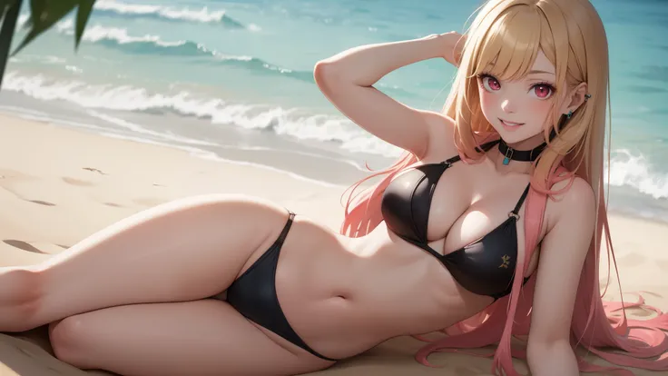 Absurd resolution, high resolution , high quality, (​masterpiece:1.4), ultra-detailed ,super detailed skin, (((Solo))), 1girl in, Red Eyes, medium breasts, Long hair, a blond, Straight hair, Bangs, earrings, cleavage, (Pink High-cut swimsuit), light smile,...