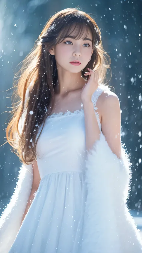 (highest quality, 8k, 32K，details are very clear),realistic, High resolution, 1 Japanese women, alone, (lolita costume)，luxurious costume，facing the audience，(Upper body，upper limbs)， beautiful eyes, brown hair, ring-shaped eyes, (outside，heavy snowfall，th...