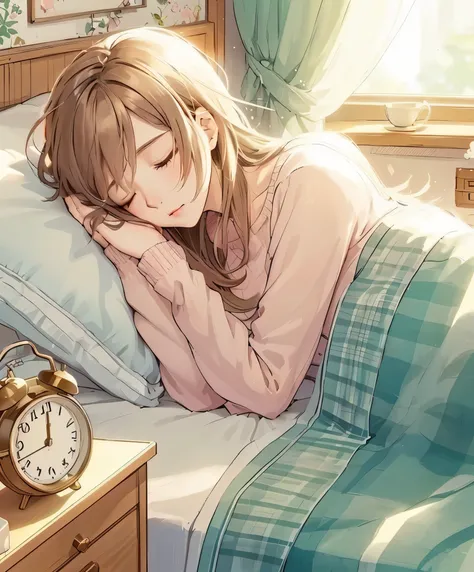 1lady solo, (from above), (sleeping sideways:1.2), (head on pillow), (blanket:1.1), mature female, /(beige brown hair/), (messy hair), (eyes lightly closed:1.1), (light smile:0.5), (closed mouth), (masterpiece best quality:1.2) delicate illustration ultra-...