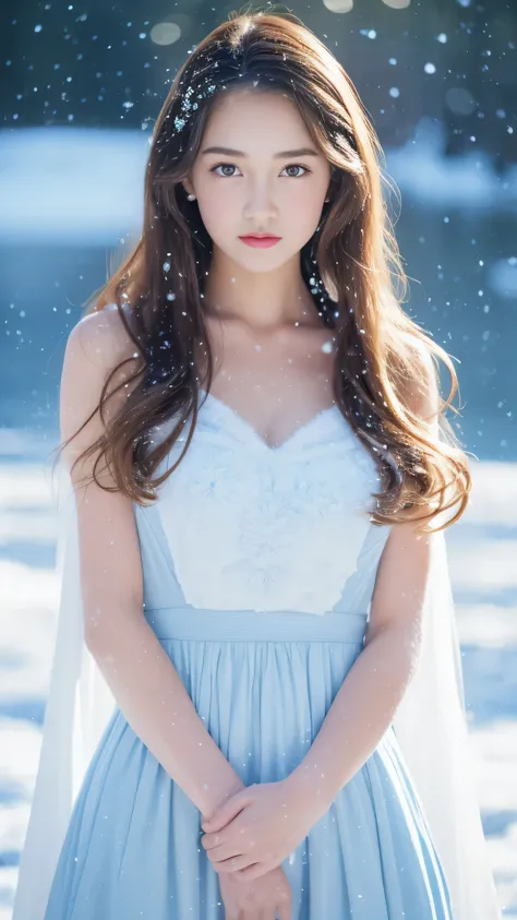 (highest quality, 8k, 32K，details are very clear),realistic, High resolution, 1 Japanese women, alone, (lolita costume)，luxurious costume，facing the audience，(Upper body，upper limbs)， beautiful eyes, brown hair, ring-shaped eyes, (outside，heavy snowfall，th...