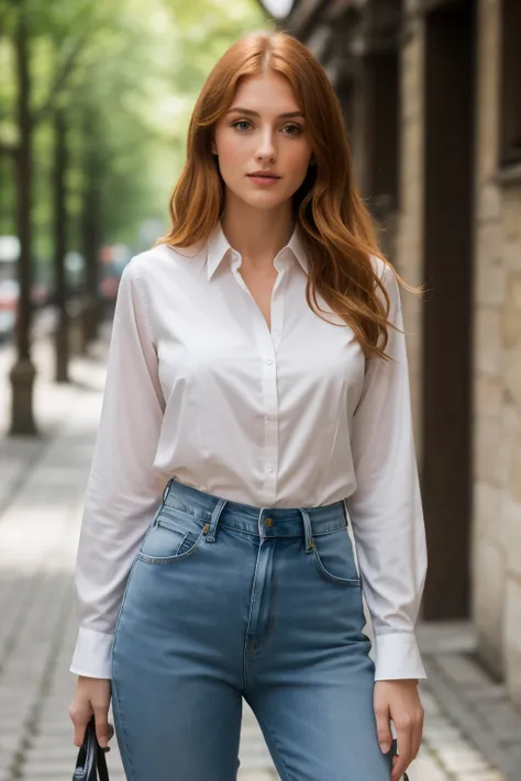 Fachmann, (4K-Foto:1.1) , Hohe Detailgenauigkeit, Tragen (enges Shirt:1.2), beautiful detailed face, eine attraktive Frau mit langen braunen Haaren schaut in die Kamera, Sieht aus wie die Schauspielerin Katherine McNamara, panasonic lumix s pro 50mm f/1.4,...