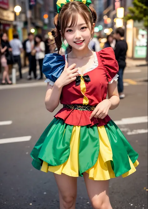 Street performer girl dressed as a clown、（red、green、yellow、green colorful clown costume）、Clown makeup、cute gesture、smile、Full body shot、(((masterpiece))), (((highest quality))), ((intricate details)), ((surreal))、best lighting、cute frills and bonbons