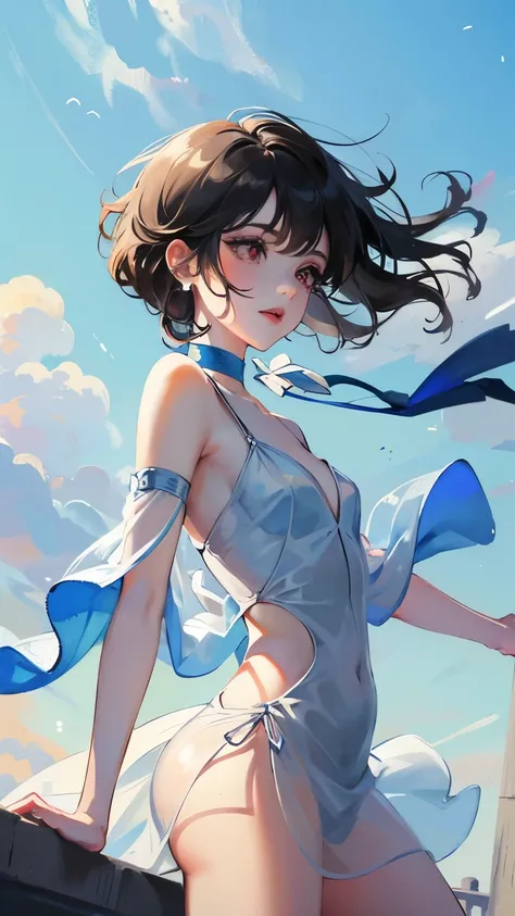 young girl　black hair　short hair　red eyes　irreverent face　look down　thin body　thin thighs　small breasts　small ass　toned body　blue sky　cloud　hair blowing in the wind　high quality　High resolution　8K　vampire　watercolor　natural feel　bridge of the nose　((最high ...