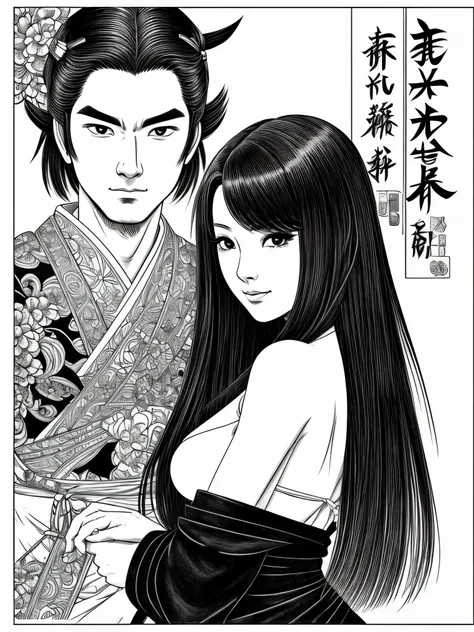 Pau preto e branco, japanese casal, sua arte em tinta fina, comic style, portrait of japan, Glamour de kyoto, bela arte de linha, black and white comic style, manga style, manga art style, pencil and ink caricature drawing, black and white coloring, cabelo...