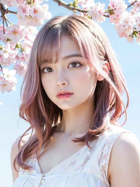 light pink hair, pink eyes, pink and white, cherry blossom leaves, Bright colors, white dress, paint splashes, simple background, ray tracing, wavy hair