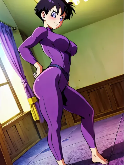 ,videl,1 girl,Alone,black hair,blue eyes,((bright purple tight suit,:1.5)),barefoot,big breasts,smile,blush,Research room,bare hands,Highest image quality,highest quality,Standing,put your hands on your hips,((1 girl:1.4)),open your mouth wide,classroom,bu...