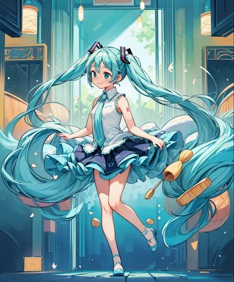 (masterpiece、highest quality、highest quality、official art、beautiful beautiful:1.2)、(1 girl:1.3)Hatsune Miku、twin tails,big breasts,(1 girl), (alone: 2.0), beautiful and charming anime girl, smile, beautiful blue eyes, beautiful proportions, Hatsune Miku, g...