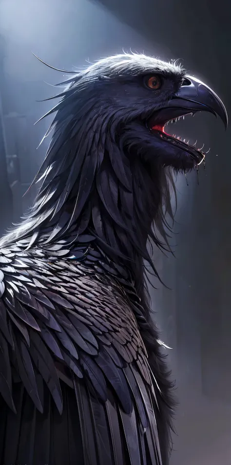 (best quality:1.2, ultra-detailed, realistic:1.37), black feathers, realistic portrait of a giant crow, dark and mysterious artistic style, intense lighting, vibrant colors