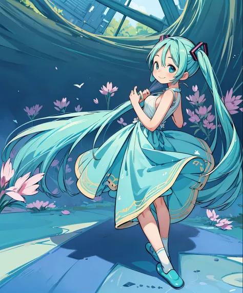 (masterpiece、highest quality、highest quality、official art、beautiful beautiful:1.2)、(1 girl:1.3)Hatsune Miku、twin tails,big breasts,(1 girl), (alone: 2.0), beautiful and charming anime girl, smile, beautiful blue eyes, beautiful proportions, Hatsune Miku, g...