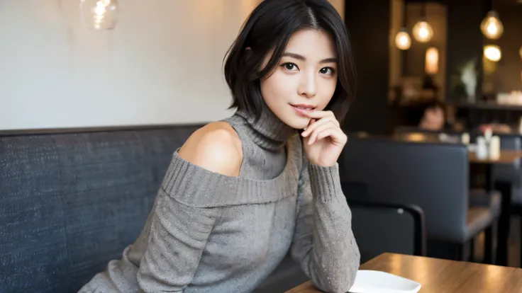 japanese woman, Beauty salon model 30 years old, slender body shape, small breasts, very thin waist, beautiful face, beautiful eyes, black short hair, She wears tight, Short gray knit dress with open back design., Sitting in a fashionable café, look back a...