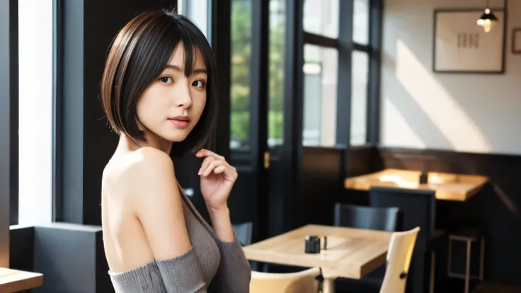 japanese woman, Beauty salon model 30 years old, slender body shape, small breasts, very thin waist, beautiful face, beautiful eyes, black short hair, She wears tight, Short gray knit dress with open back design., Sitting in a fashionable café, look back a...