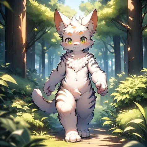 anthropomorphic cat，fluffy fur，Yellow and white patterned fur embellished，Males，Alone，masterpiece，best quality，smiling，Handsome，Energetic，Extremely detailed，standing，perfect，Whole body naked，High，in the forest（8K）