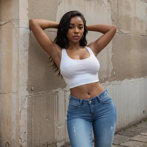 Sexy dominican woman brown skin color, wearing a denim pants with a white wet tight top tank