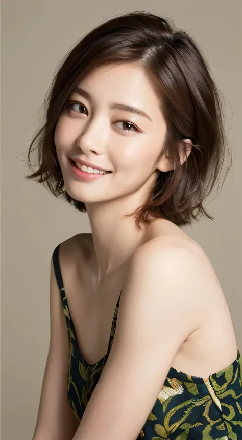 ((highest quality, 8K, masterpiece: 1.3)), 1 girl, The beauty of slim abs: 1.3, (Hairstyle brown hair short cut, big: 1.2), dress: 1.1, Super slender face, delicate eyes, double eyelid, smile, Home, Raw photo