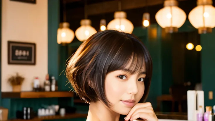 japanese woman, beauty salon model,hair cut model，Photographed inside the cafe