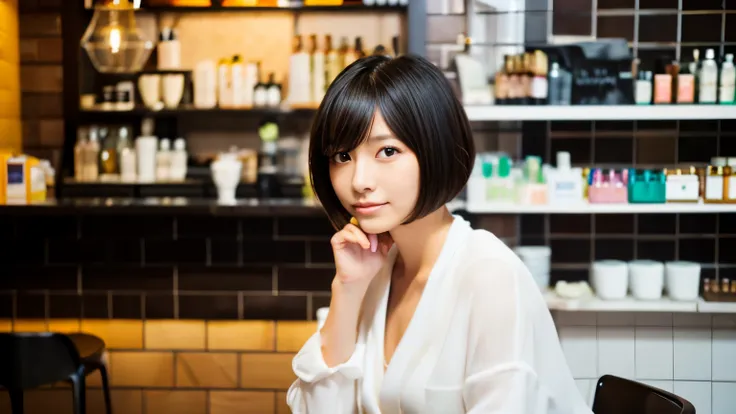 japanese woman, beauty salon model,hair cut model，Photographed inside the cafe,Stylish cafe in New York