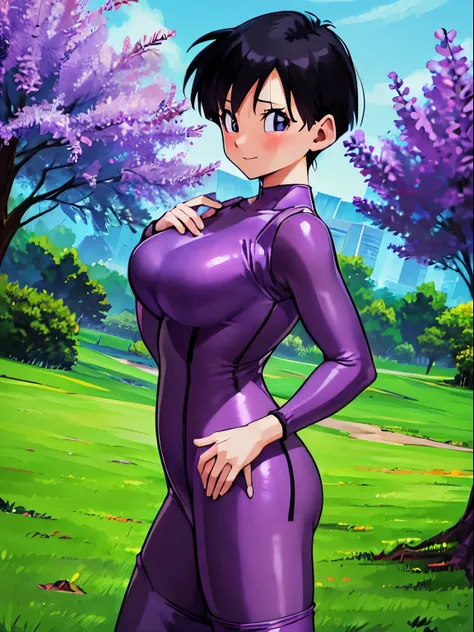 forest,videl,1 girl,alone,((bright purple tight suit,:1.5)),barefoot,big breasts,smile,blush,research room,bare hands,highest im...