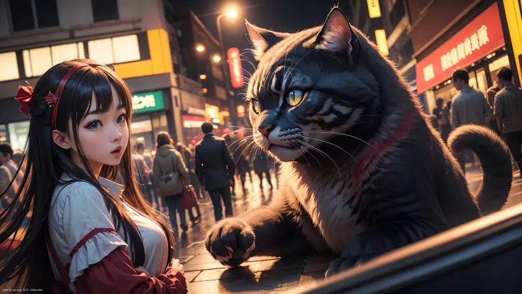 超A high resolution、An ultra-high picture quality、8K、Wonderful expression with attention to detail、big monster cat、surprise people on the street at night、