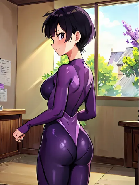 forest,videl,1 girl,Alone,((bright purple tight suit,:1.5)),barefoot,big breasts,smile,blush,Research room,bare hands,Highest image quality,highest quality,Standing,((1 girl:1.4)),open your mouth wide,classroom,butt,back,back view,buttを視聴者に突きつける