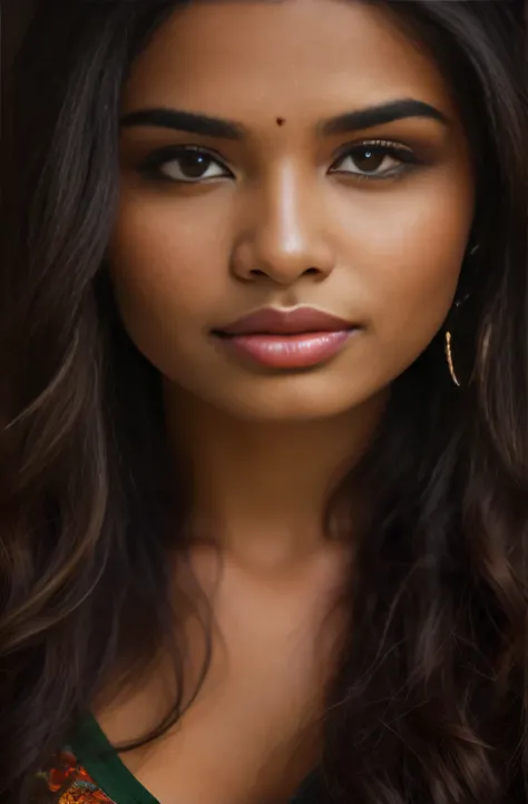 a close up of a woman with long hair and a green dress, brown skin. light makeup, flawless olive skin, gorgeous latina face, tanned beauty portrait, extremely beautiful face, indian girl with brown skin, full face close up portrait, detailed beautiful face...