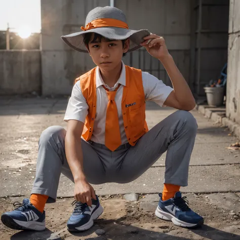 (a boy with orange sun-protective vest and hat, white shirt, blue tie, gray pants, and black shoes),illustration,detailed background,highres,realistic colors,soft lighting