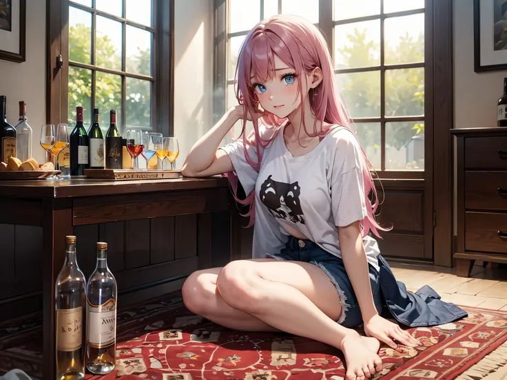 1 female、26 years old、pink hair、Weeping hair、long hair、(very cute woman)、T-shirt、shorts、room、sitting on the carpet、Bottles of liquor、glass、Being drunk、blue eyes、sparkling eyes、big bust、from chest to head、(transparent)、(pure)、