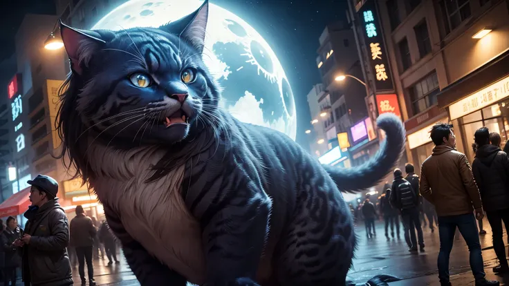 超A high resolution、An ultra-high picture quality、8K、Wonderful expression with attention to detail、big monster cat、surprise people on the street at night、