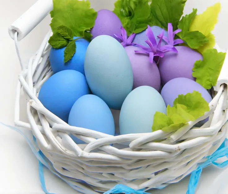 there are many blue and purple eggs in a basket with green leaves, easter, pastel coloring, purple and blue and green colors, translucent eggs, pastel colored, eggs, with an easter basket, purple and blue colored, blue and purple and green, details and viv...