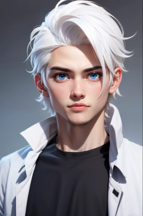 Boy, white hair, blue eyes, serious sharp features, white skin, black T-shirt, jacket