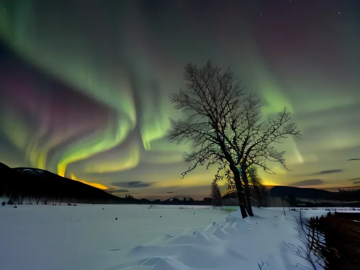 arafed tree in a snowy field with a bright green aurora behind it, aurora borealis, dramatic aurora borealis, with aurora boreal...