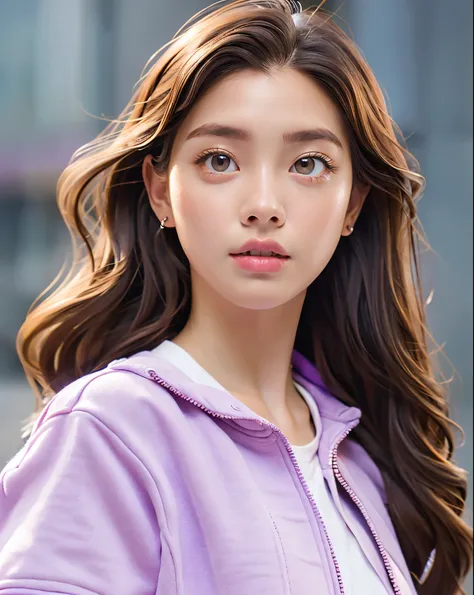 Girl, long brown hair, gray eyes, sharp features, white skin, pink lips, soft and thin, purple t-shirt, jacket