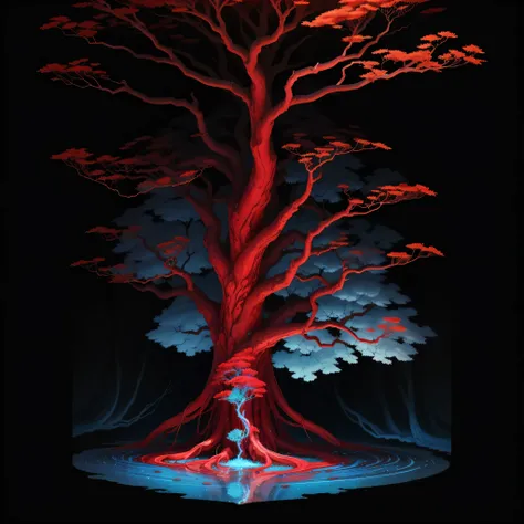 "a stunning red blood tree with mesmerizing blue liquid cascading down its delicate leaves, creating a magical spectacle on eart...