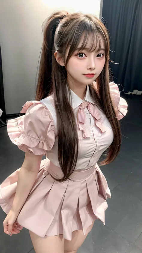 blush,small breasts,14 years old,long hair ponytail,on stage,Are standing,close up of face,((8K, Raw photo, best quality, muste piece:1.2), (Reality, photorealistic:1.4), (Highly detailed 8K wallpaper), Depth of the bounds written, cinematic lighting, soft...