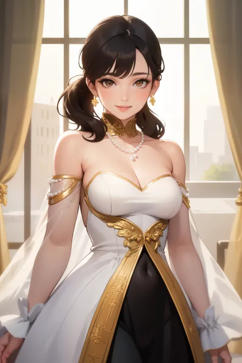 ((highest quality)), ((masterpiece)), (be familiar with), perfect face, beautiful woman like an actress，Evening dress dressed in black，Clothes details，There are intricate gold lines on clothes，pearl necklace,white skin，looking at the viewer，brown eyes，real...