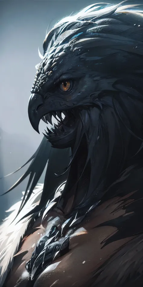 (best quality:1.2, ultra-detailed, realistic:1.37), black feathers, realistic portrait of a giant crow, dark and mysterious artistic style, intense lighting, vibrant colors