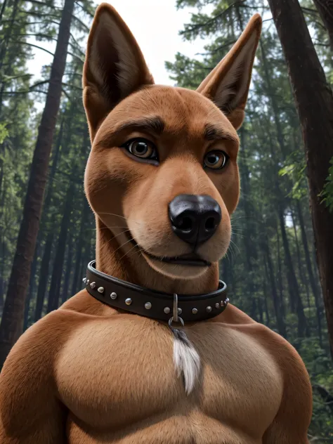 scrappydoo, solo
anthro, male, collar only, smiling
bust portrait, forest background, low-angle view
detailed realistic photorea...