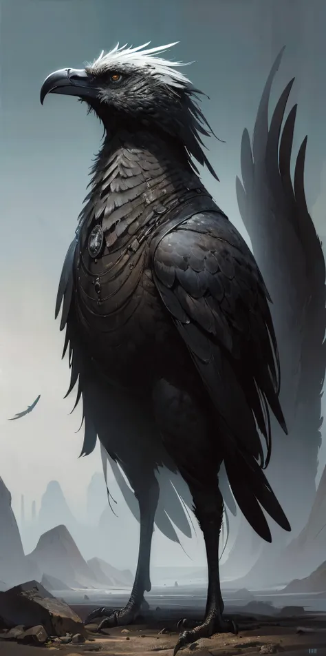 (best quality:1.2, ultra-detailed, realistic:1.37), black feathers, realistic portrait of a giant crow, dark and mysterious artistic style, intense lighting, vibrant colors