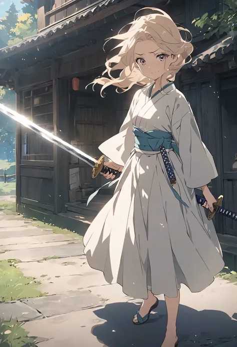 (best quality, masterpiece), 1girl, samurai, full body, furrowed brow, anime screencap, looking at viewer, anime, 2d, outline, motion lines, outdoors, wind, standing, floating hair, dappled sunlight, holding sword, sheath,