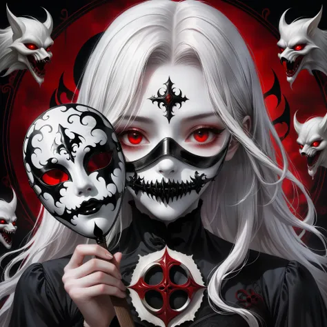 （holding a metal mask in hand：1.5），（white-haired ghost，straight hair，red eyes），（gothic art），（fear：1.5），（correct human anatomy：1....