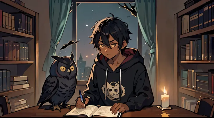 #night sky (darkness of night,no light), #one writing boy (21 year old male, dark skinned、writer, students、A dark-haired、short-hair、owl style hoodie,sit flat), #black room at night (no light,black owls flying,books on desk,one candle,a lot of books,bookshe...