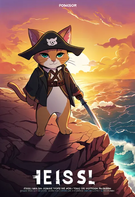 ((filmposter)),Dressed in a cute cat pirate one-piece，Wears a Stave hat，He raised his saber，standing on cliff，Looking down at the rough sea，A new dawn has risen on the horizon,