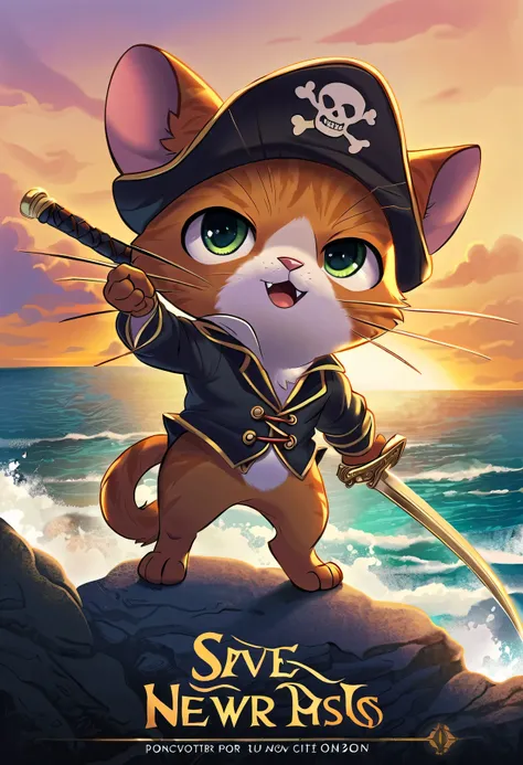 ((filmposter)),Dressed in a cute cat pirate one-piece，Wears a Stave hat，He raised his saber，standing on cliff，Looking down at the rough sea，A new dawn has risen on the horizon,