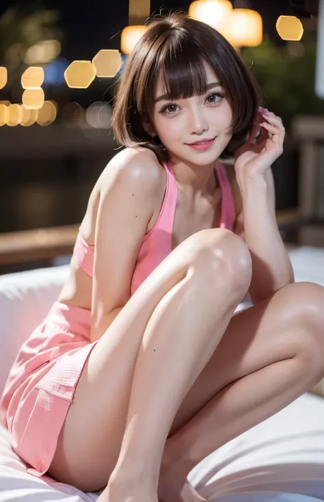 Angelique A very beautiful and cute girl, 緻密でbeautiful目, fine double eyelids, (Big eyes:1.3),(((super short crisp bangs))), (((超short bobヘア))),NSFW、beautifulカンフーアイドル、(((neon hot pinkリップグロス)))、優しいsmile、shiny非常に大きなネックレス（neon fuchsia)、naked middle breasts、shi...