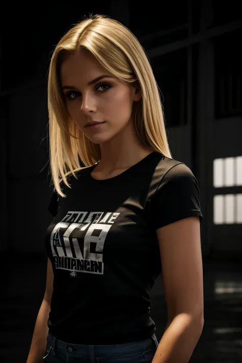 realistic, foto, junge Frau, Modell, Girl, schmales T-Shirt, schwarzes T-Shirt, no motiv, verspotten, posiert in einem Hangar, Dark atmosphere, gedimmtes Licht, blonde
